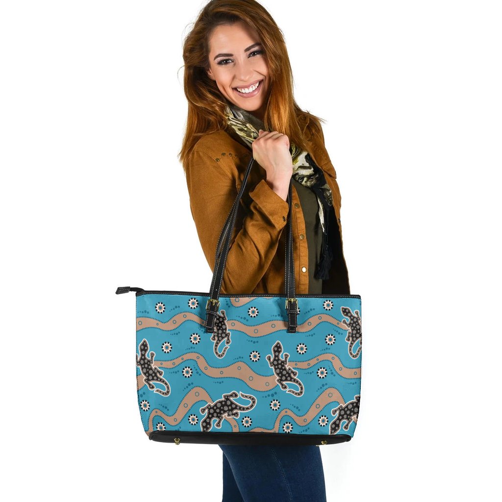 large-leather-tote-bag-lizard-with-aboriginal-tribal-pattern-blue