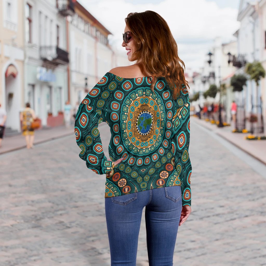 Women's Off Shoulder Sweater - Aboriginal Green Dot Painting With Earth - Vibe Hoodie