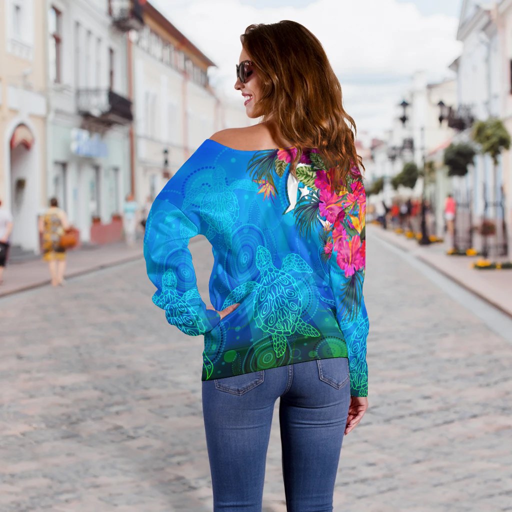 Women Off Shoulder  - Torres Strait Blue Sea With Hibiscus - Vibe Hoodie