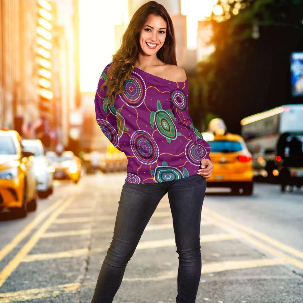 Women Off Shoulder - Aboriginal Turtle Purple Australia Dot Patterns - Vibe Hoodie