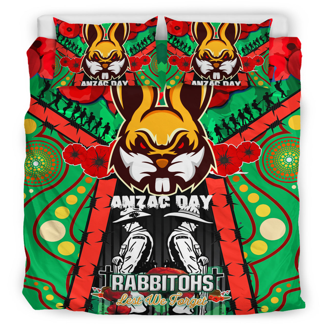 rabbitohs-rugby-aboriginal-anzac-day-custom-watercolour-bedding-set-remembrance-indigenous-rabbitohs-with-poppy-flower