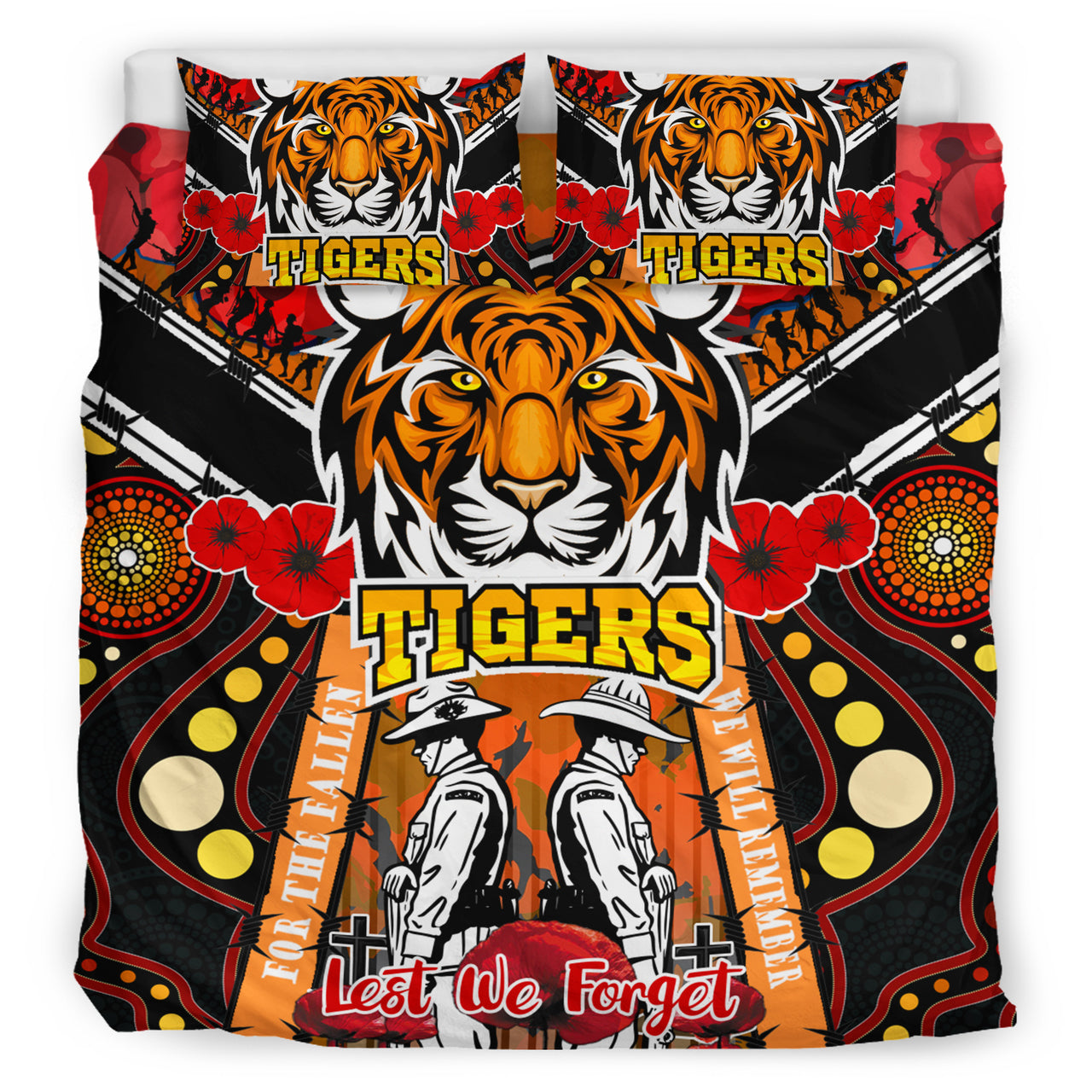 tigers-rugby-anzac-day-watercolour-bedding-set-custom-remembrance-west-tigers-with-poppy-flower