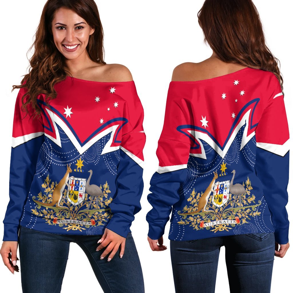 Women's Off Shoulder Sweater - Australian Coat Of Arms Flag Color - Vibe Hoodie