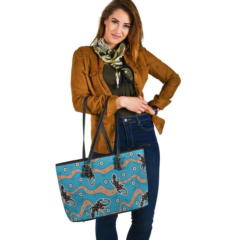 large-leather-tote-bag-lizard-with-aboriginal-tribal-pattern-blue