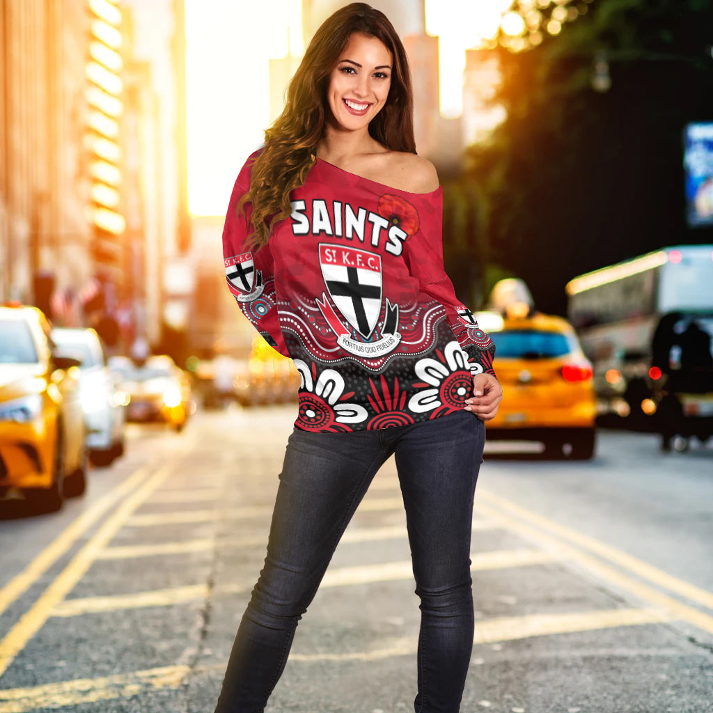 (Custom Personalised) Saints Anzac 2022 Women Off Shoulder Sweater St Kilda Aboriginal Remember Them LT13