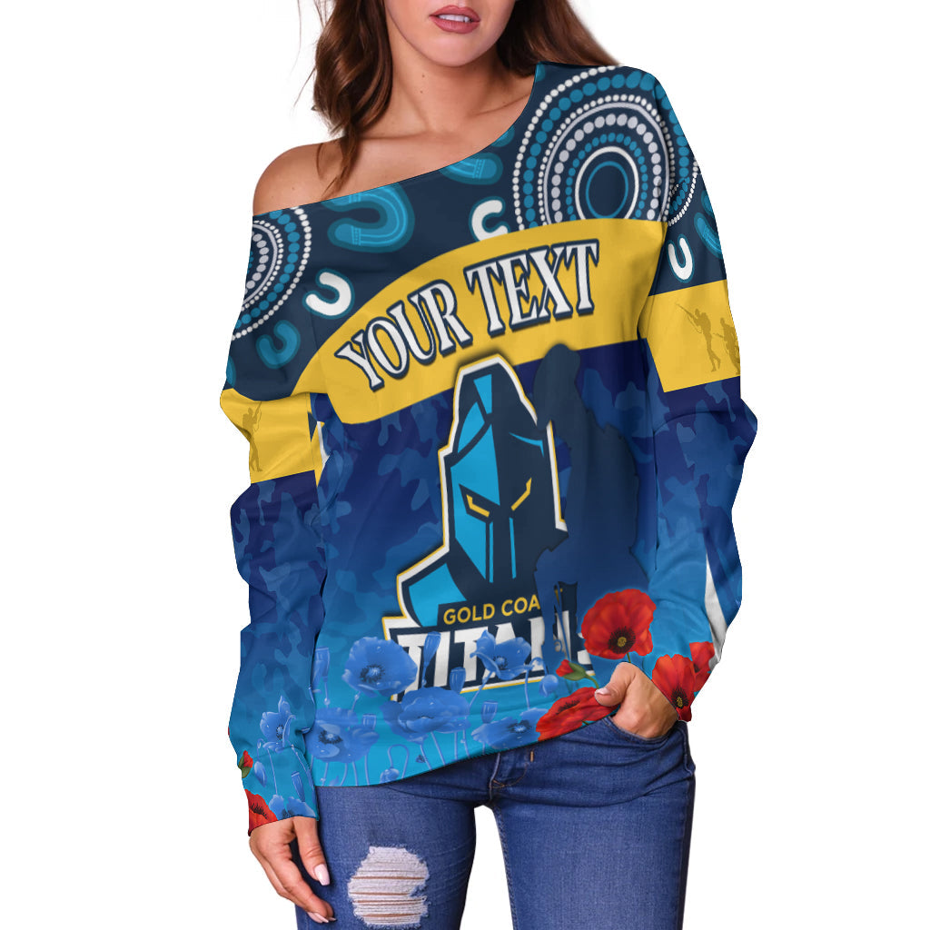 (Custom Personalised) Titans Anzac 2022 Women Off Shoulder Sweater Gold Coast Aboriginal Lest We Forget LT13