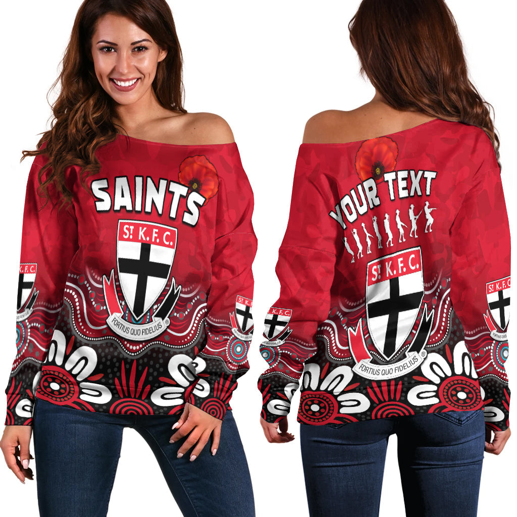 (Custom Personalised) Saints Anzac 2022 Women Off Shoulder Sweater St Kilda Aboriginal Remember Them LT13