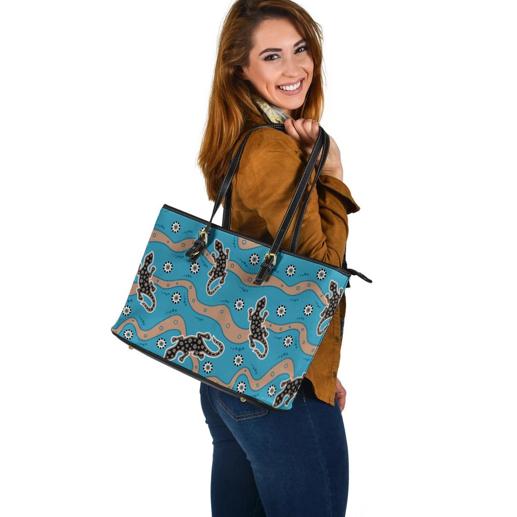 large-leather-tote-bag-lizard-with-aboriginal-tribal-pattern-blue