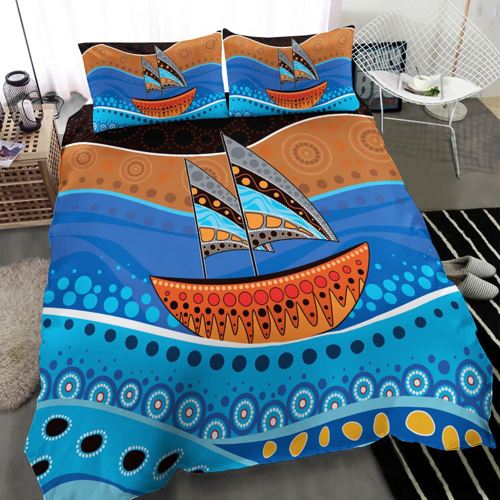 aboriginal-bedding-set-aboriginal-dot-painting-depicting-boat