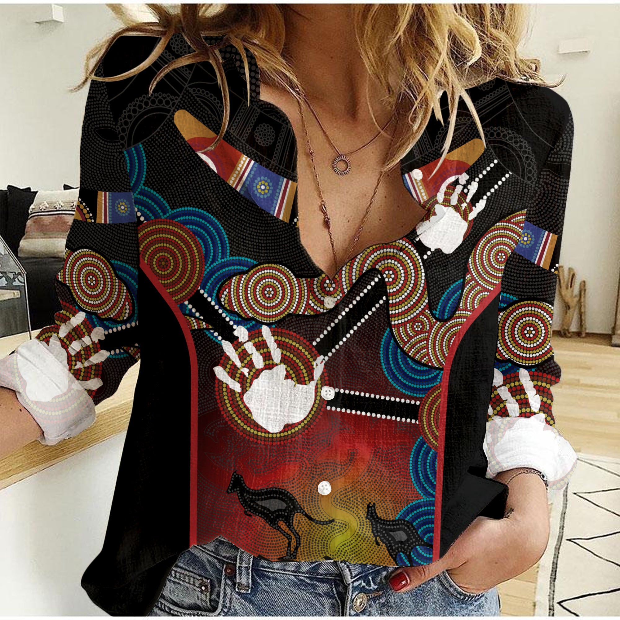 women-casual-shirt-aboriginal-australian-boomerang-and-snake-indigenous-art-ver01