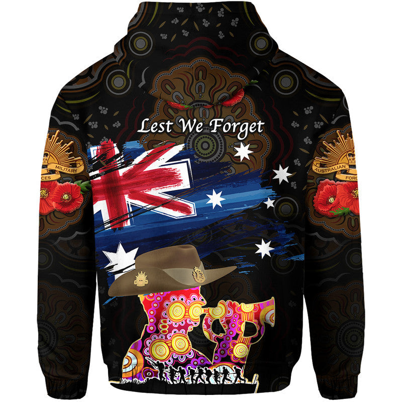 Australia Aboriginal ANZAC Zip Up And Pullover Hoodie Remembrance Vibes - Black LT8