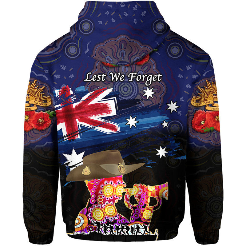 Australia Aboriginal ANZAC Zip Up And Pullover Hoodie Remembrance Vibes - Navy LT8