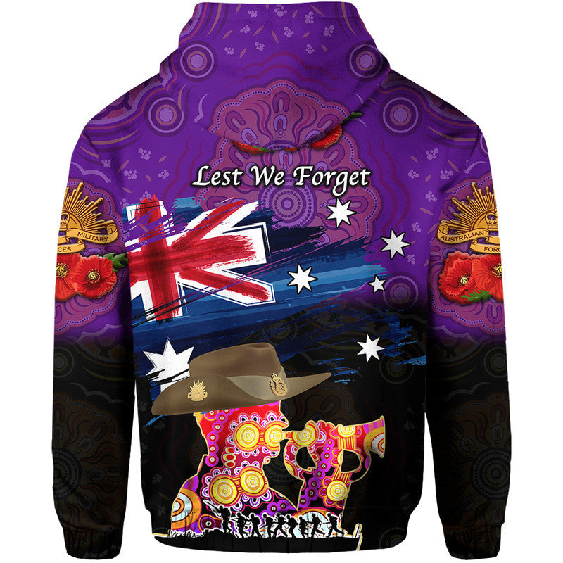 Australia Aboriginal ANZAC Zip Up And Pullover Hoodie Remembrance Vibes - Purple LT8