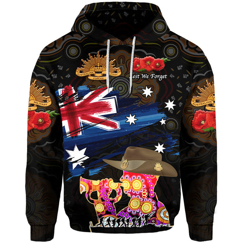 Australia Aboriginal ANZAC Zip Up And Pullover Hoodie Remembrance Vibes - Black LT8