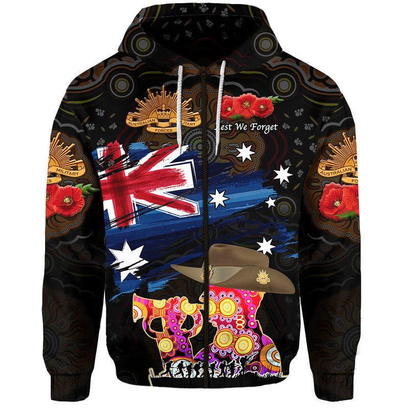 Australia Aboriginal ANZAC Zip Up And Pullover Hoodie Remembrance Vibes - Black LT8