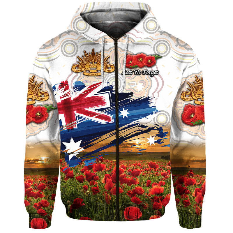 Australia Aboriginal ANZAC Zip Up And Pullover Hoodie Poppy Vibes - White LT8