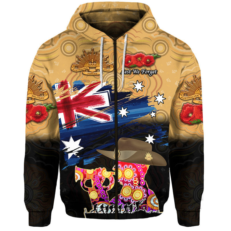 Australia Aboriginal ANZAC Zip Up And Pullover Hoodie Remembrance Vibes - Gold LT8