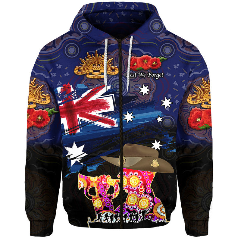 (Custom Personalised) Australia Aboriginal ANZAC Zip Up And Pullover Hoodie Remembrance Vibes - Navy LT8