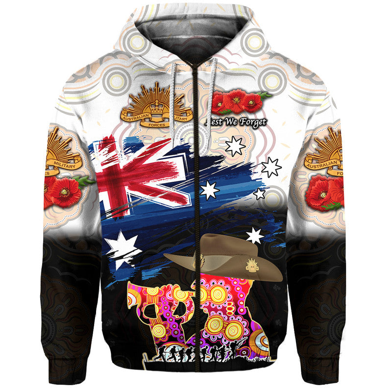 Australia Aboriginal ANZAC Zip Up And Pullover Hoodie Remembrance Vibes - White LT8