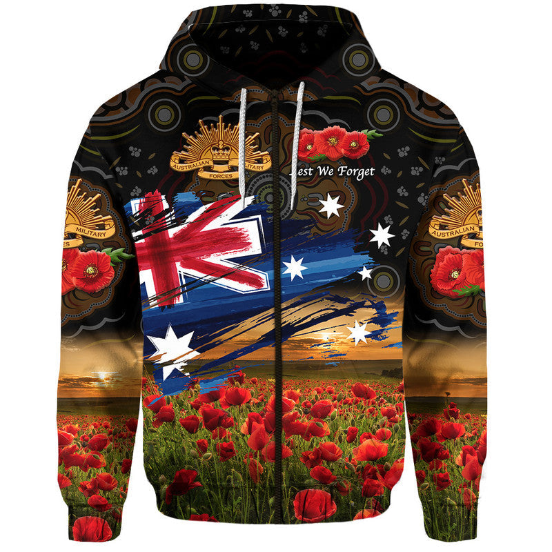 (Custom Personalised) Australia Aboriginal ANZAC Zip Up And Pullover Hoodie Poppy Vibes - Black LT8