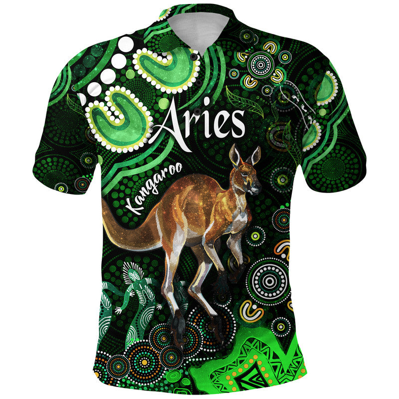 australian-astrology-polo-shirt-aries-kangaroo-zodiac-aboriginal-vibes-green