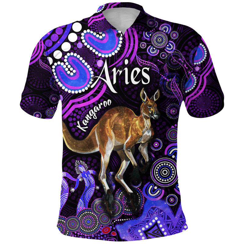 australian-astrology-polo-shirt-aries-kangaroo-zodiac-aboriginal-vibes-purple