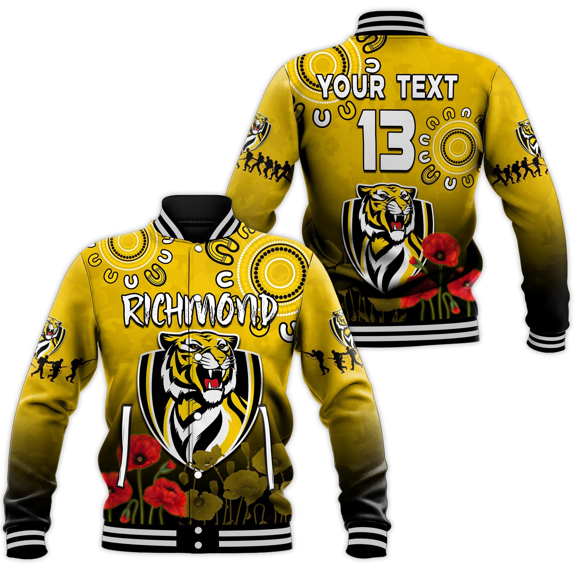 custom-text-and-number-richmond-anzac-2022-baseball-jacket-tigers-aboriginal-poppy