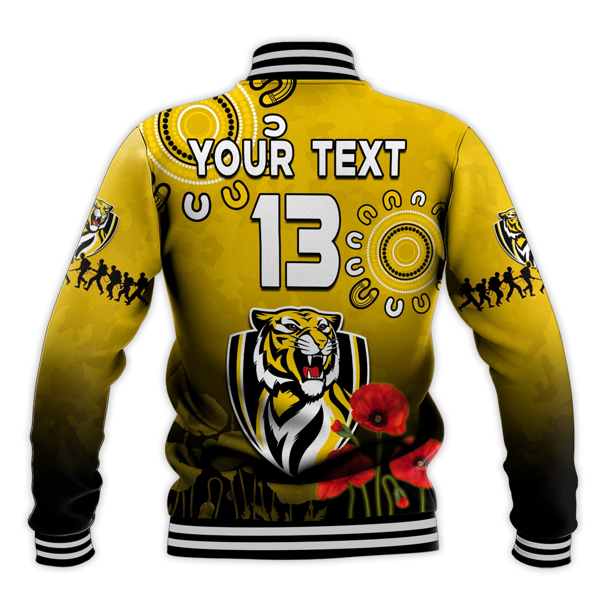 custom-text-and-number-richmond-anzac-2022-baseball-jacket-tigers-aboriginal-poppy