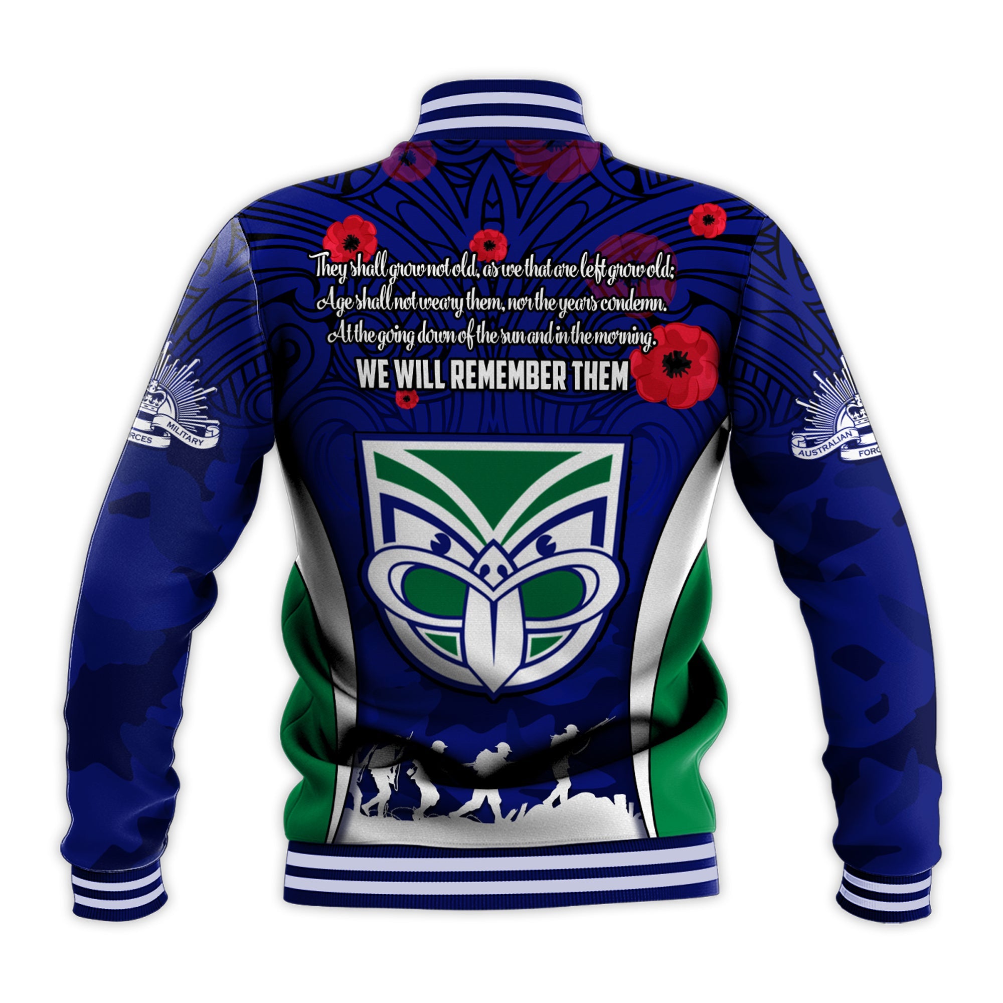 custom-personalised-warriors-anzac-2022-baseball-jacket-maori-pattern-always-remember-them