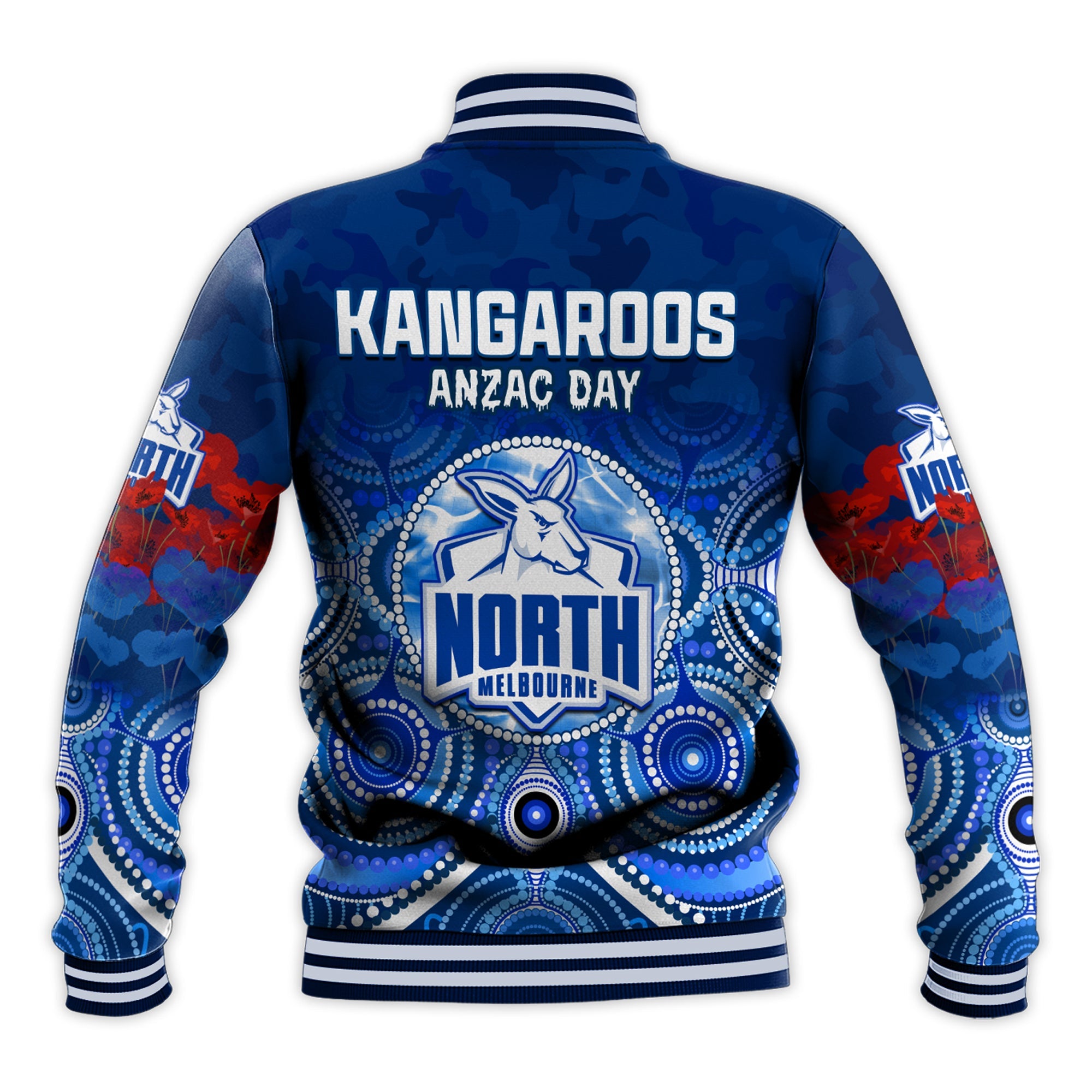 custom-personalised-kangaroos-anzac-2022-baseball-jacket-north-melbourne-football-aboriginal-poppy-flowers