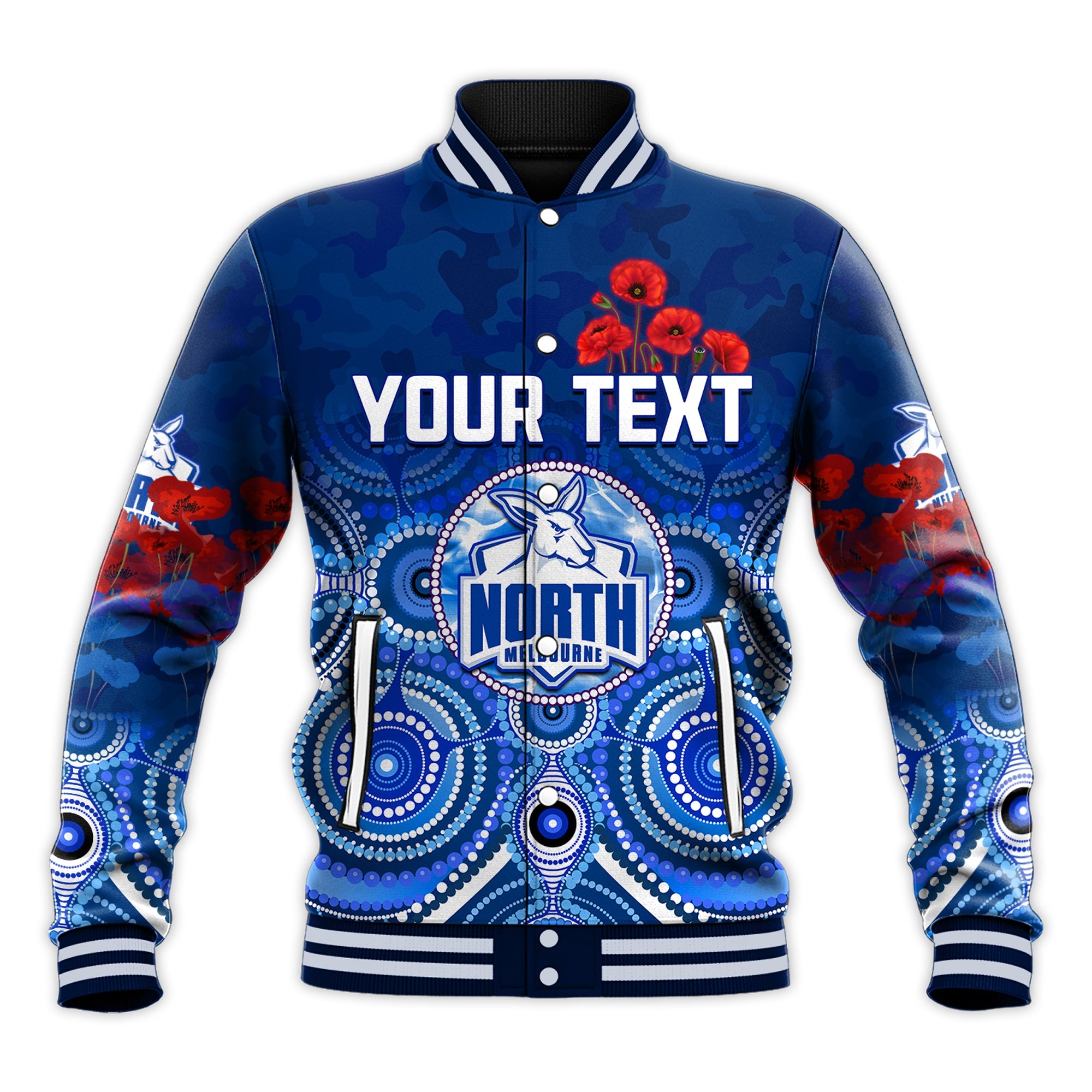 custom-personalised-kangaroos-anzac-2022-baseball-jacket-north-melbourne-football-aboriginal-poppy-flowers