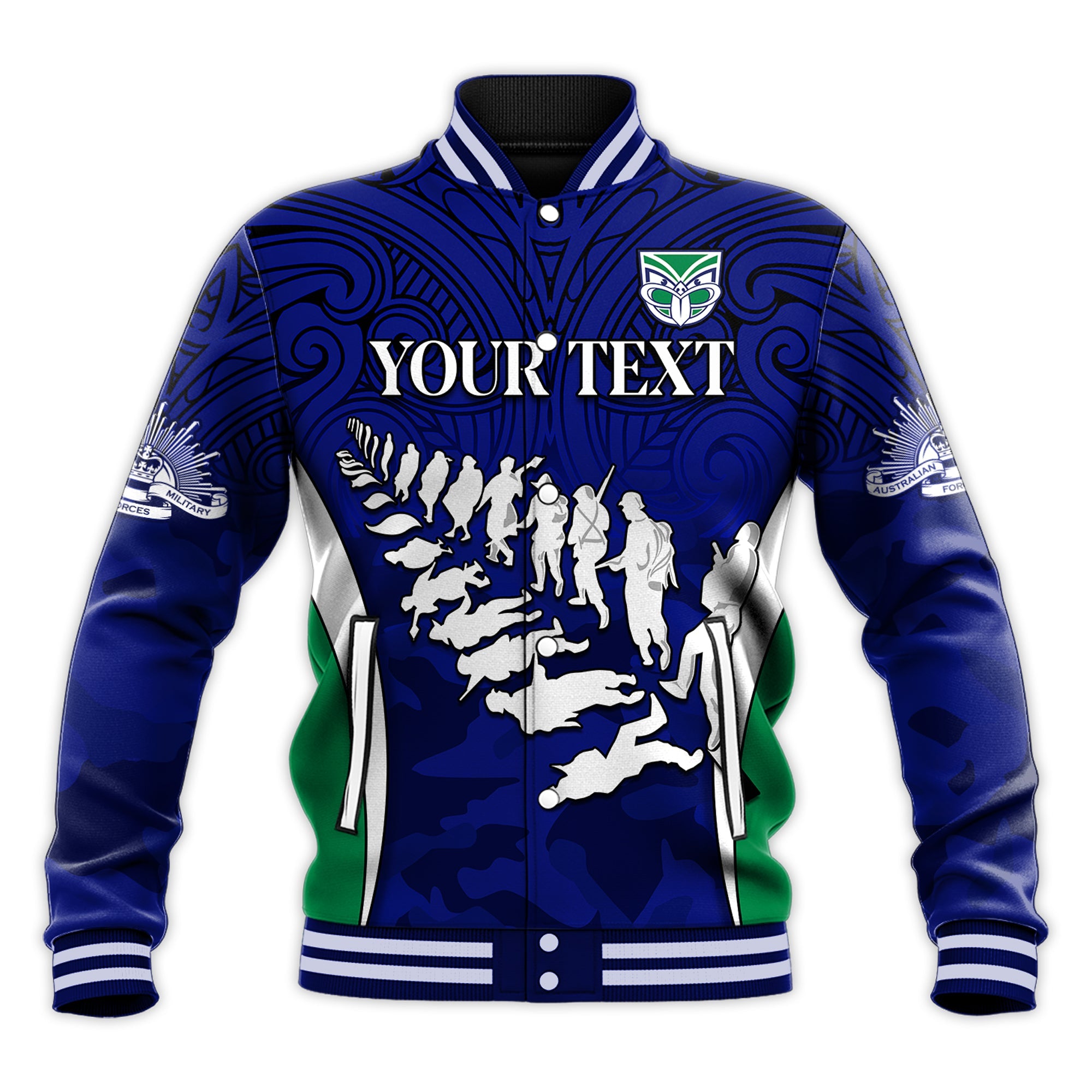 custom-personalised-warriors-anzac-2022-baseball-jacket-maori-pattern-always-remember-them