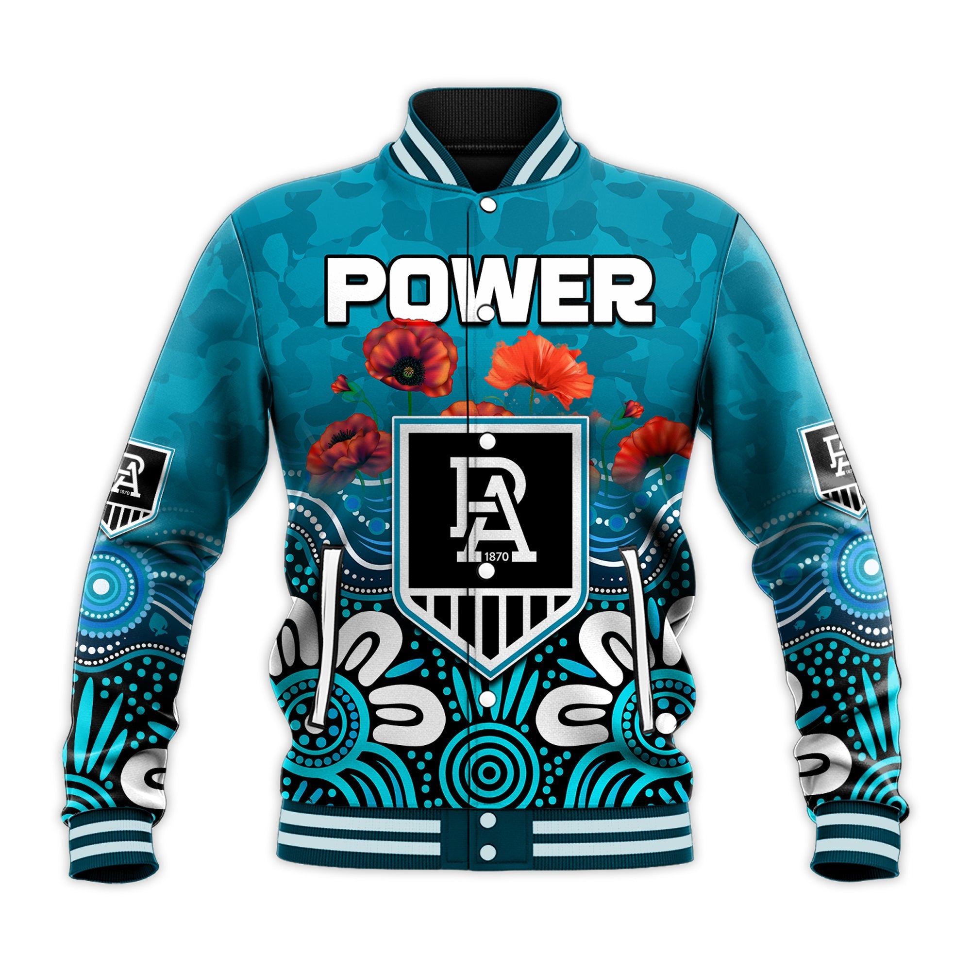 custom-text-and-number-power-anzac-2022-baseball-jacket-port-adelaide-aboriginal-remember-them