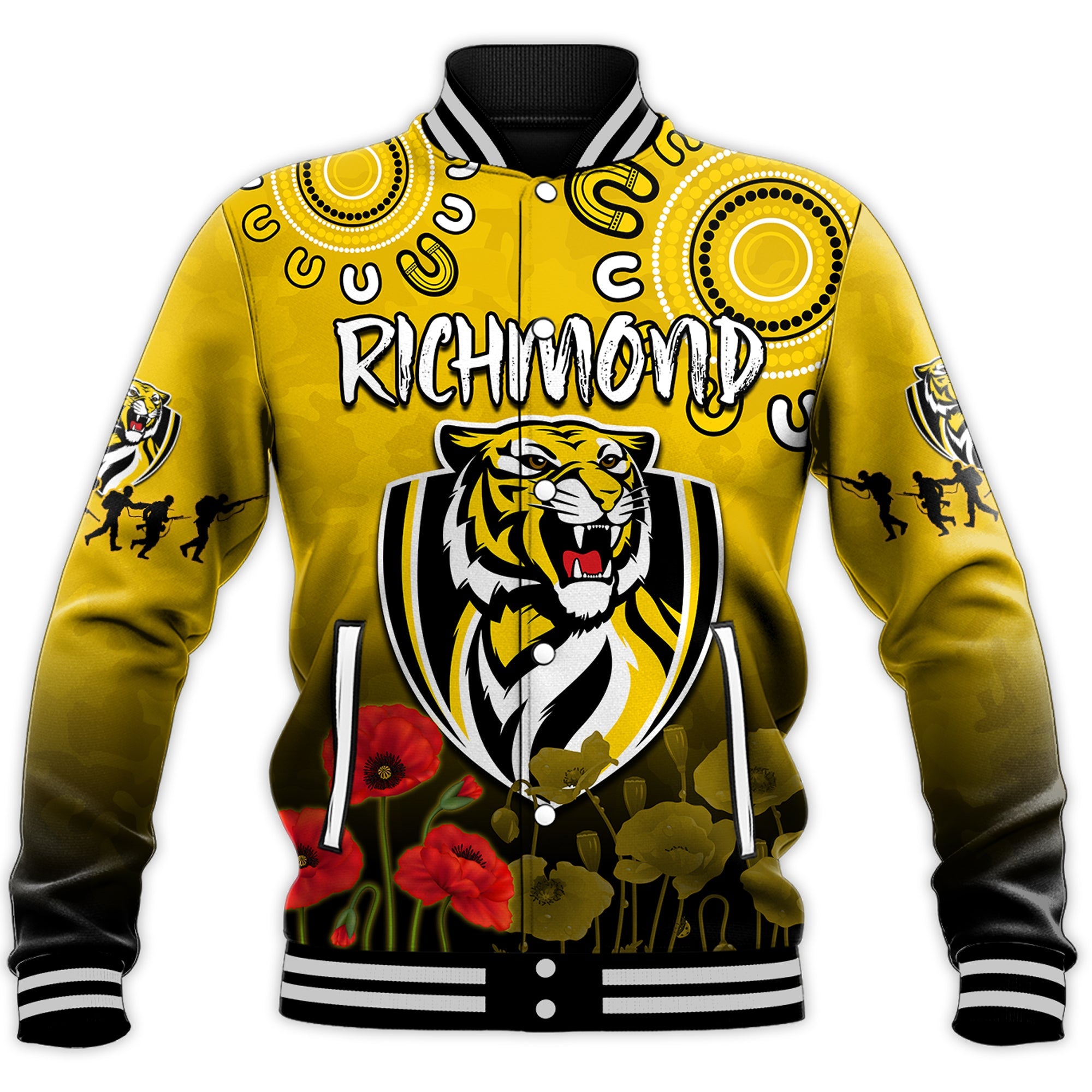 custom-text-and-number-richmond-anzac-2022-baseball-jacket-tigers-aboriginal-poppy