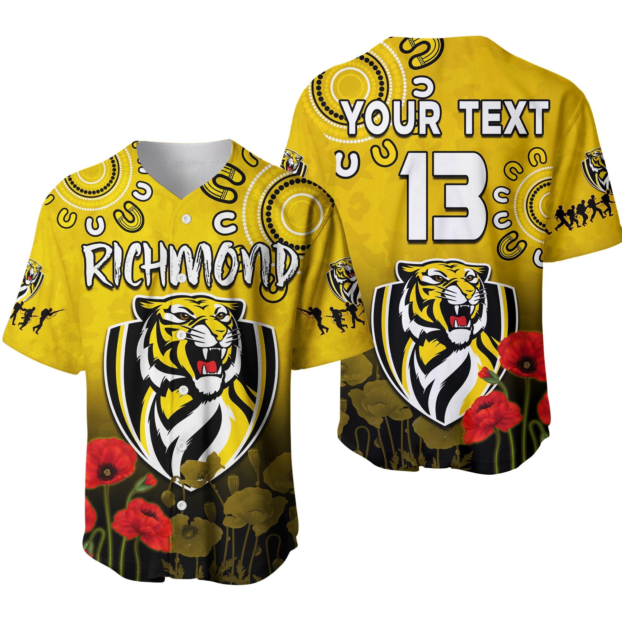 (Custom Text and Number) Richmond Anzac 2022 Baseball Jersey Tigers Aboriginal Poppy LT13