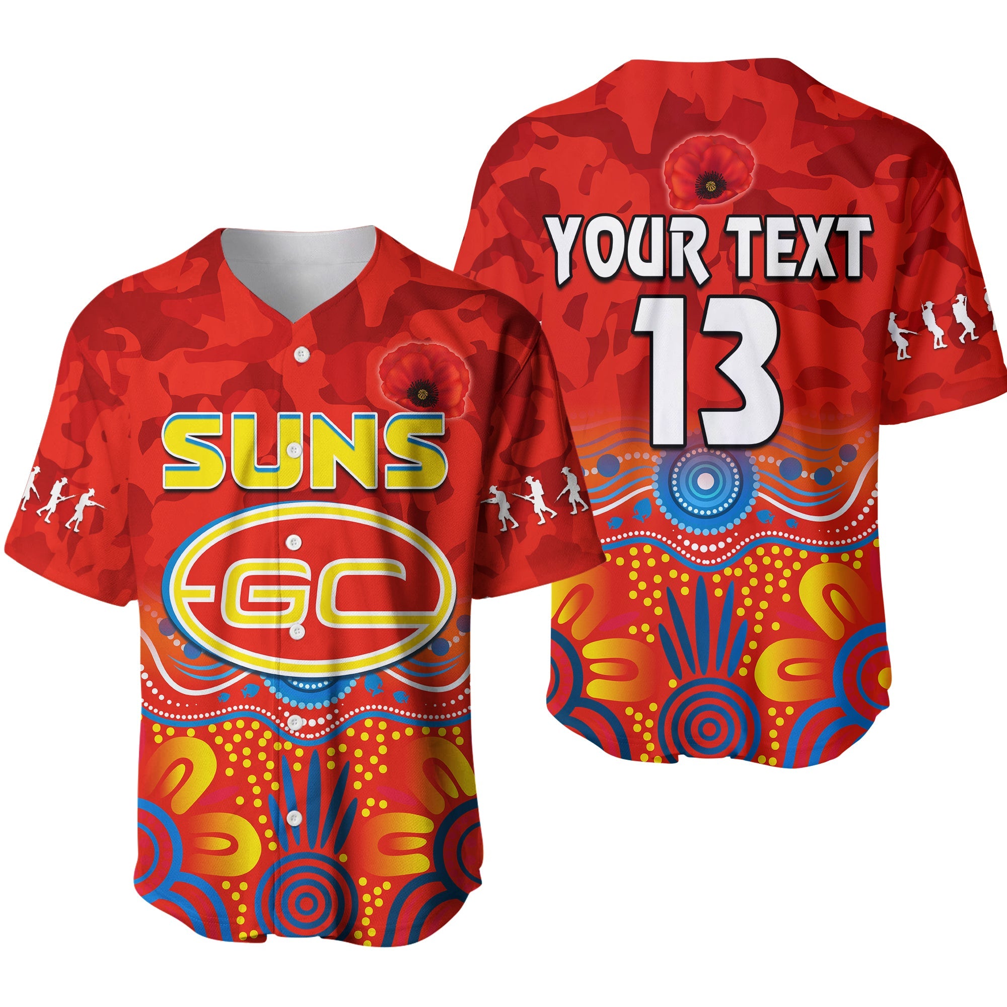 (Custom Text and Number) Suns Anzac 2022 Baseball Jersey Gold Coast Aboriginal Poppy LT13