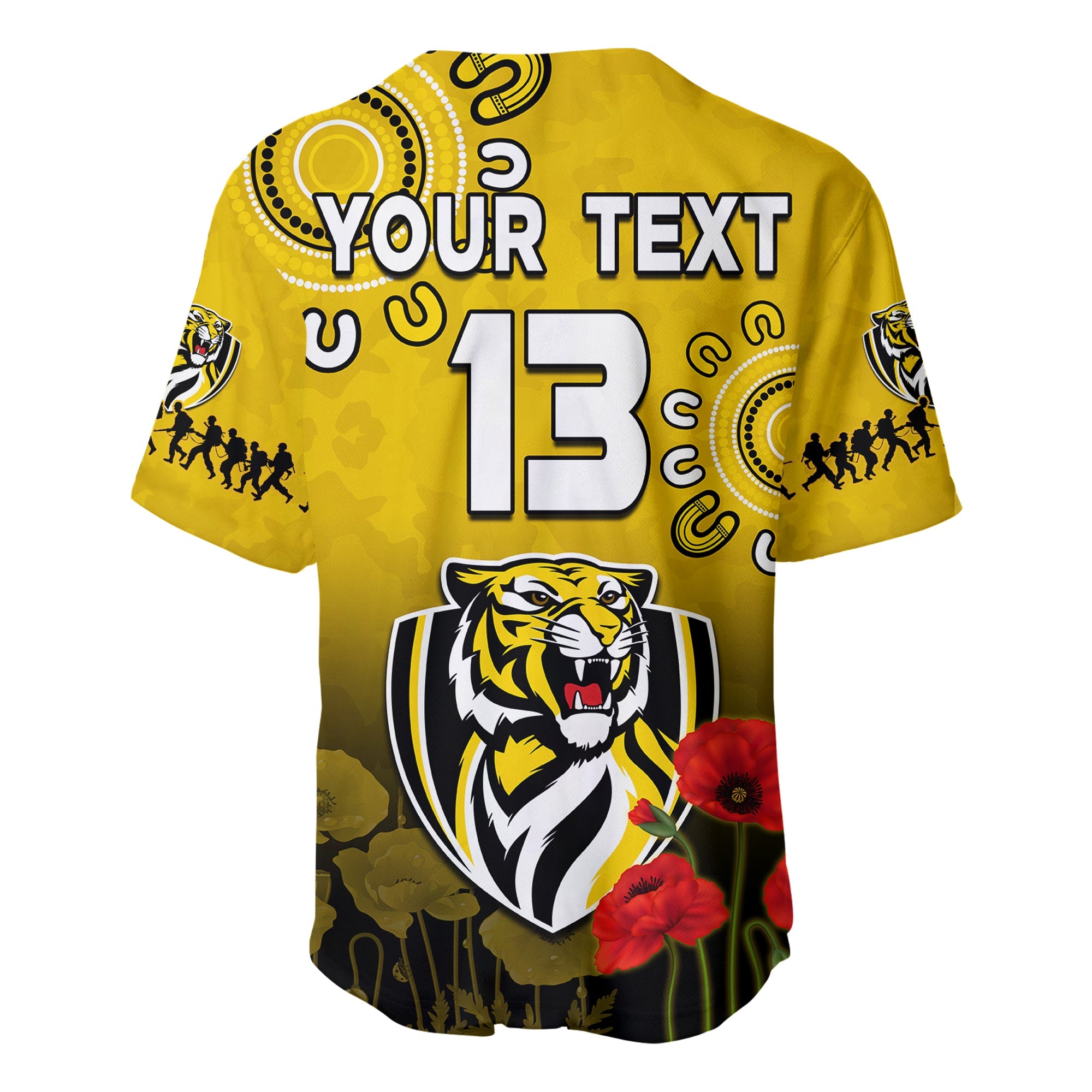 (Custom Text and Number) Richmond Anzac 2022 Baseball Jersey Tigers Aboriginal Poppy LT13