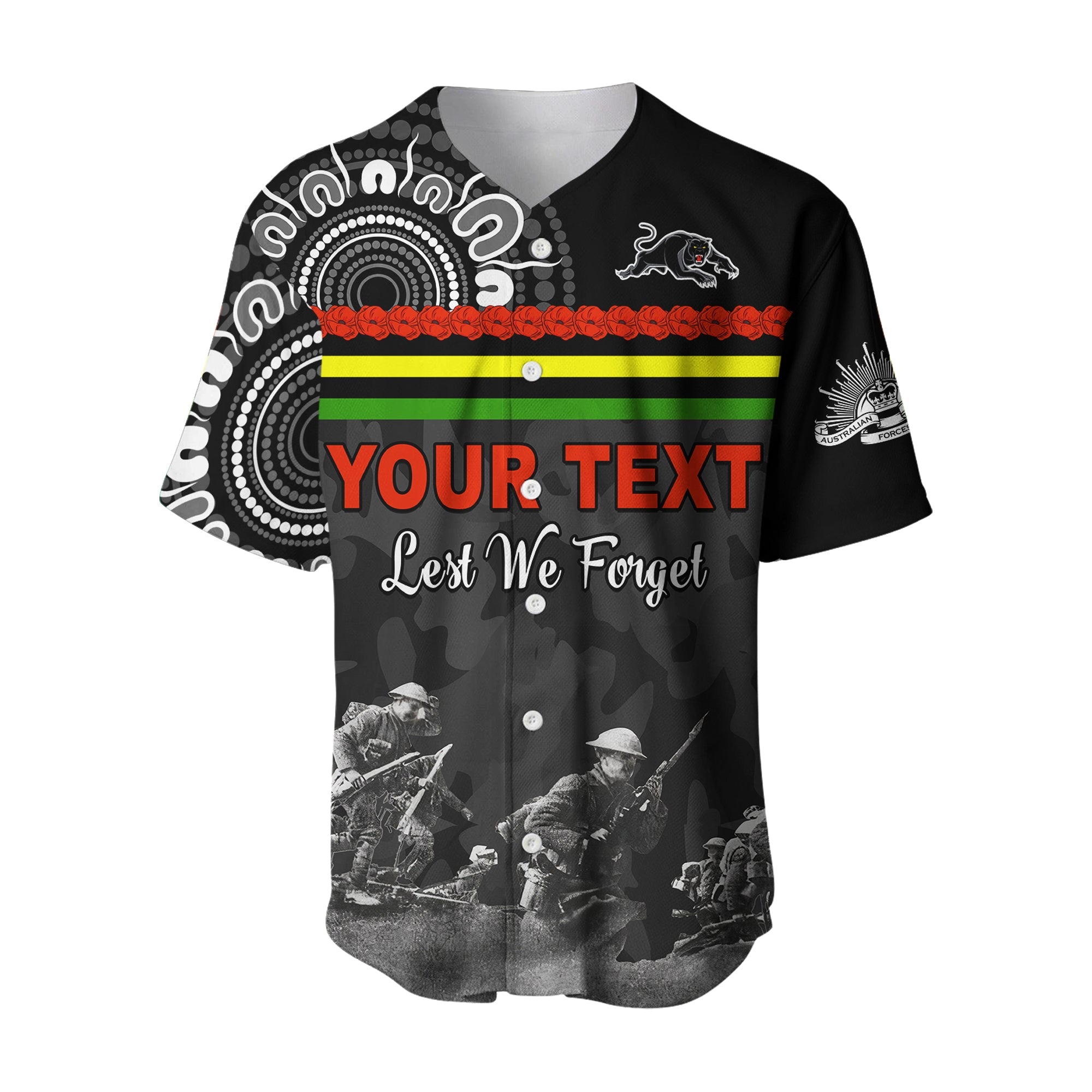 (Custom Personalised) Panthers Anzac Day Baseball Jersey Aboriginal Lest We Forget Ver.02 LT13