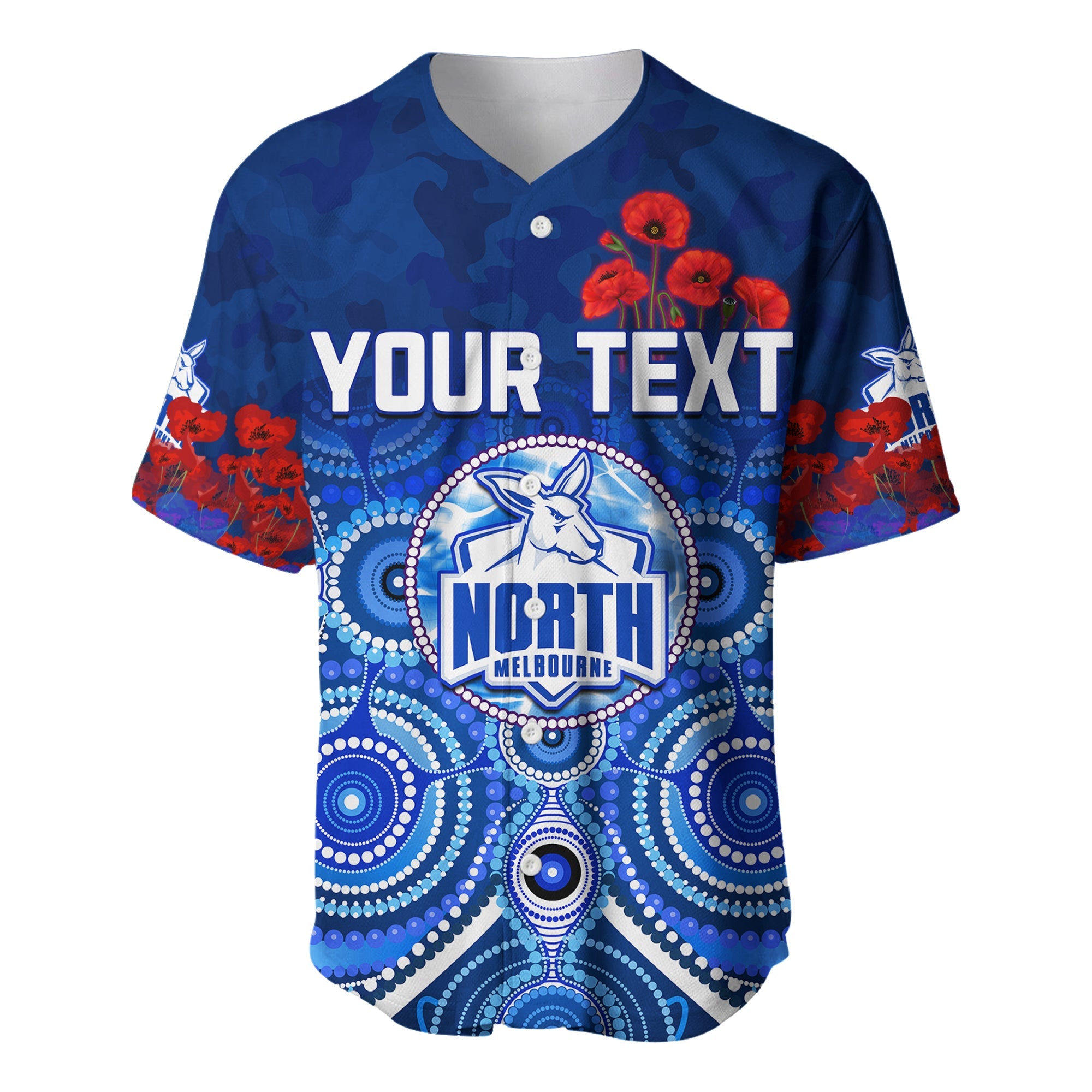 (Custom Personalised) Kangaroos Anzac 2022 Baseball Jersey North Melbourne Football Aboriginal Poppy Flowers LT13