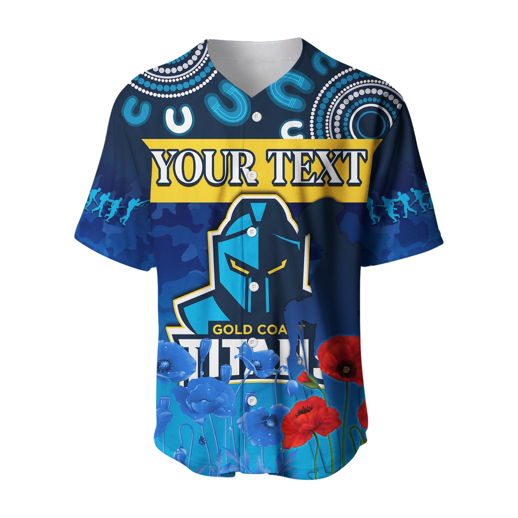 (Custom Personalised) Titans Anzac 2022 Baseball Jersey Gold Coast Aboriginal Lest We Forget LT13