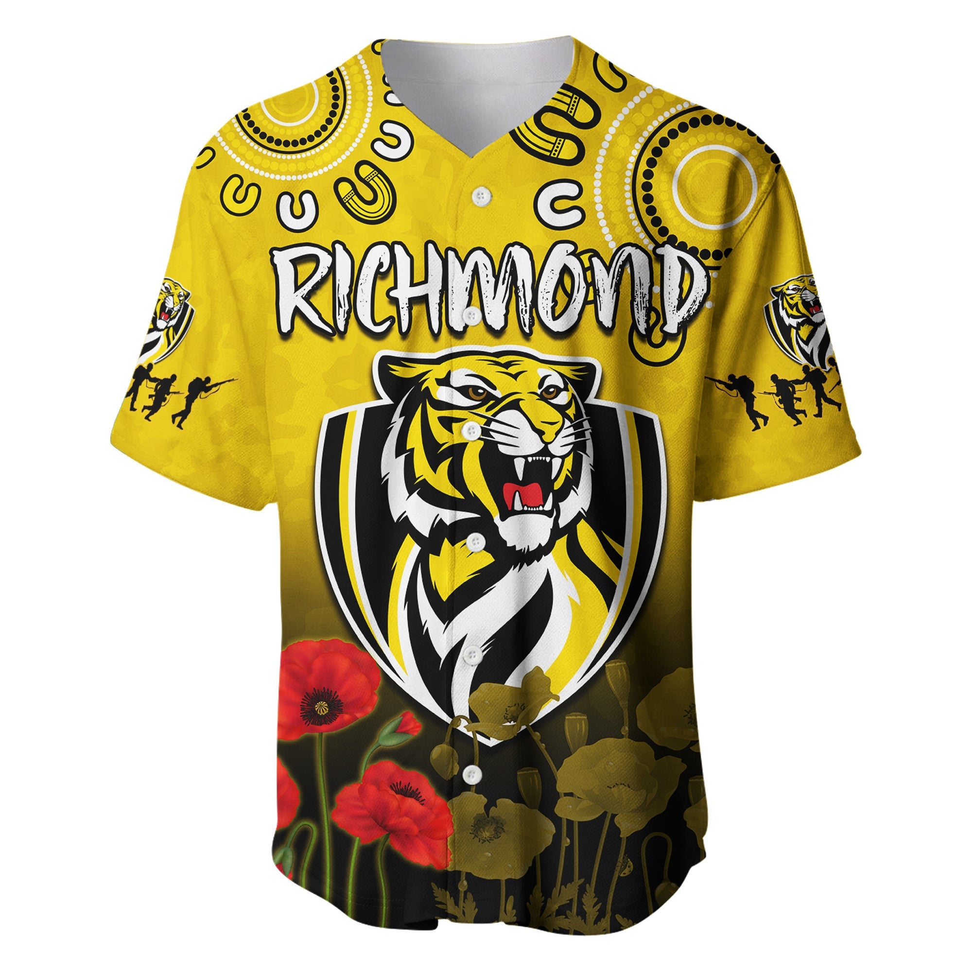 (Custom Text and Number) Richmond Anzac 2022 Baseball Jersey Tigers Aboriginal Poppy LT13