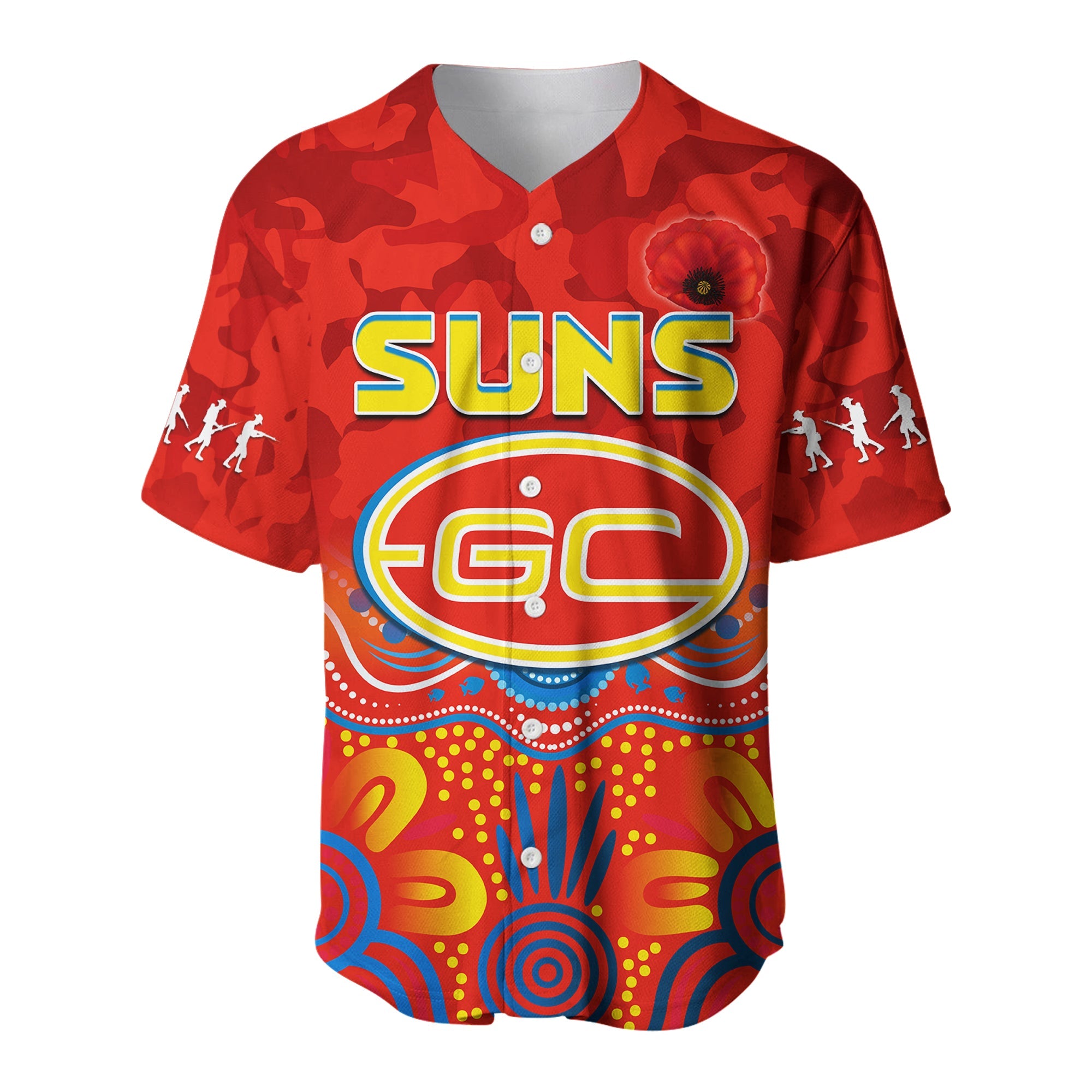 (Custom Text and Number) Suns Anzac 2022 Baseball Jersey Gold Coast Aboriginal Poppy LT13