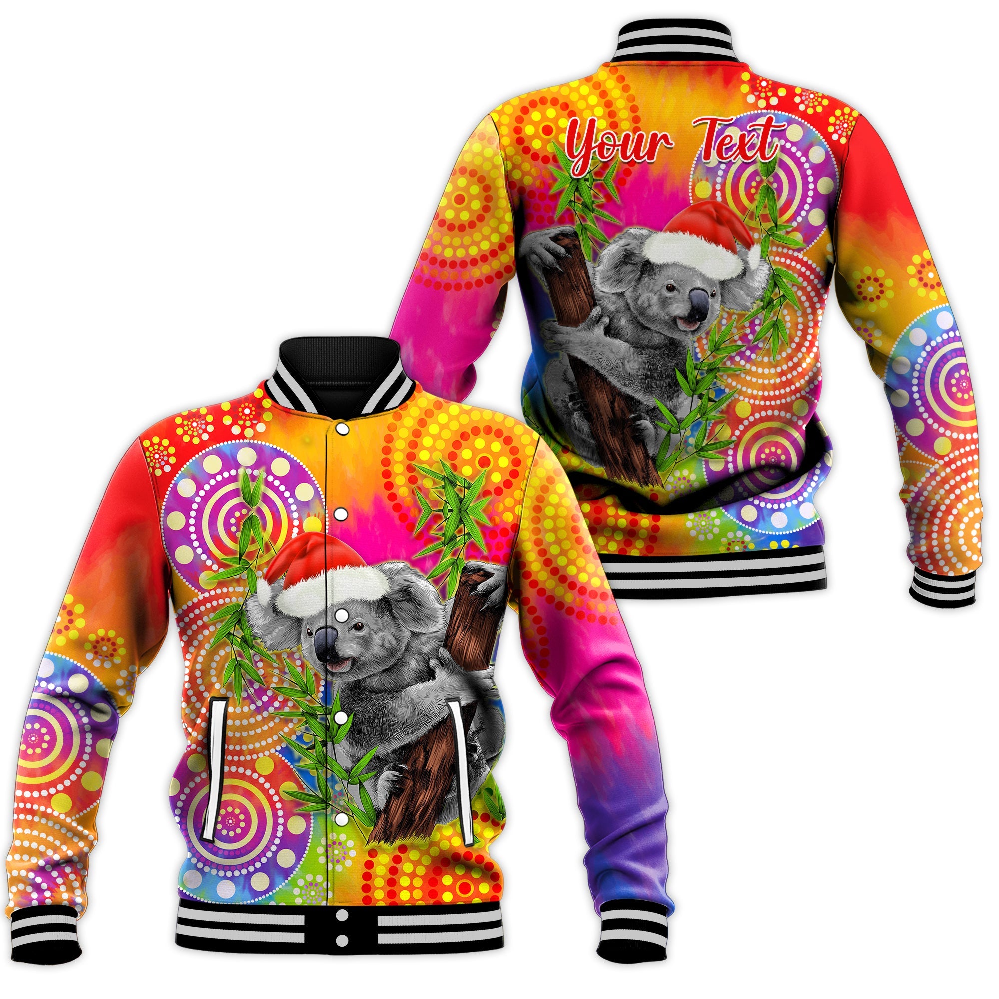 custom-personalised-australia-koala-aboriginal-baseball-jacket-rainbow-tie-dye-merry-christmas