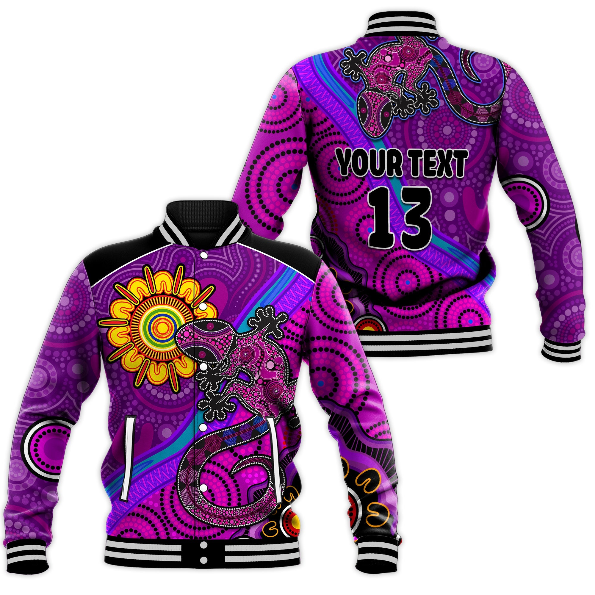 custom-text-and-number-australia-lizard-and-sun-baseball-jacket-aboriginal-art-purple