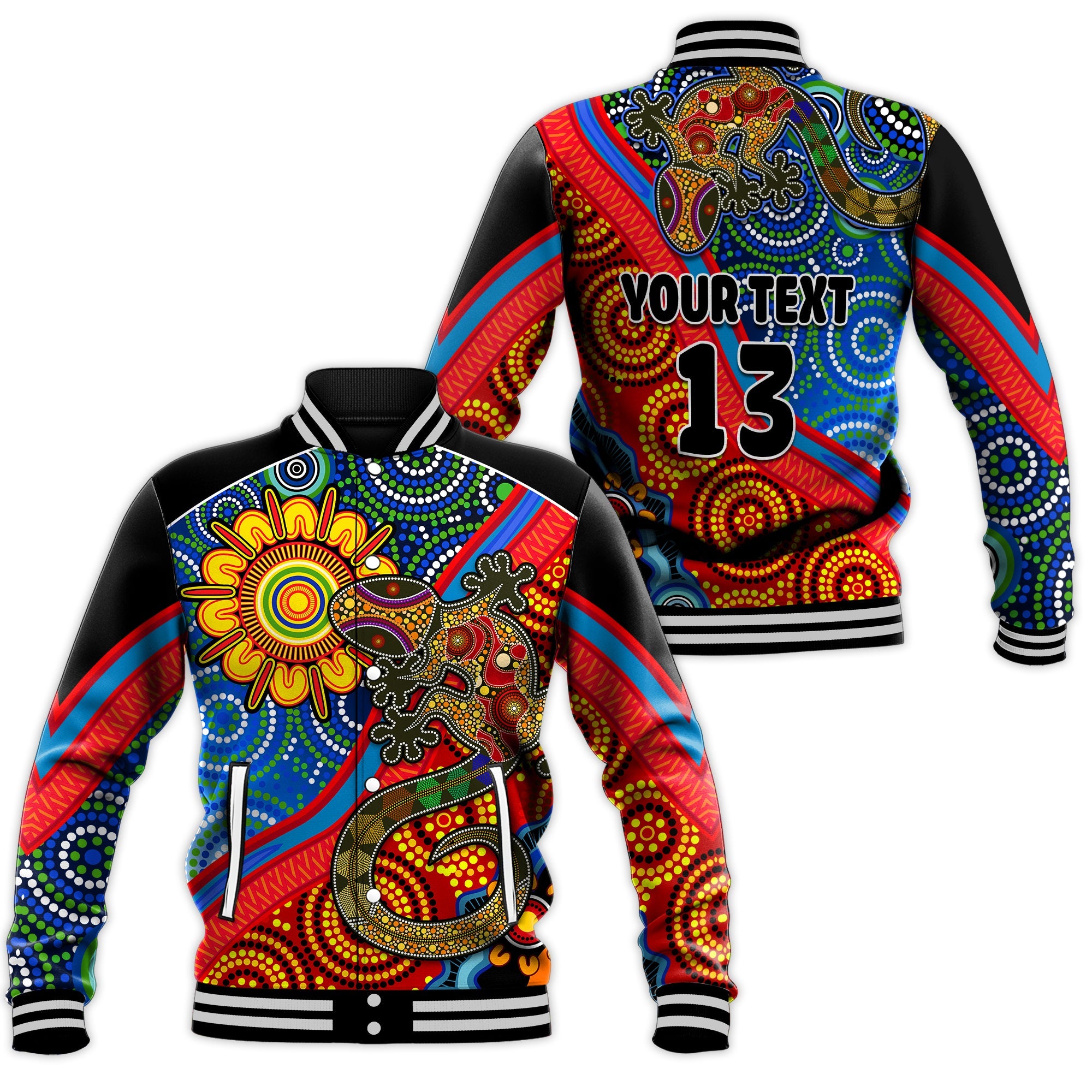 custom-text-and-number-australia-lizard-and-sun-baseball-jacket-aboriginal-art-speical