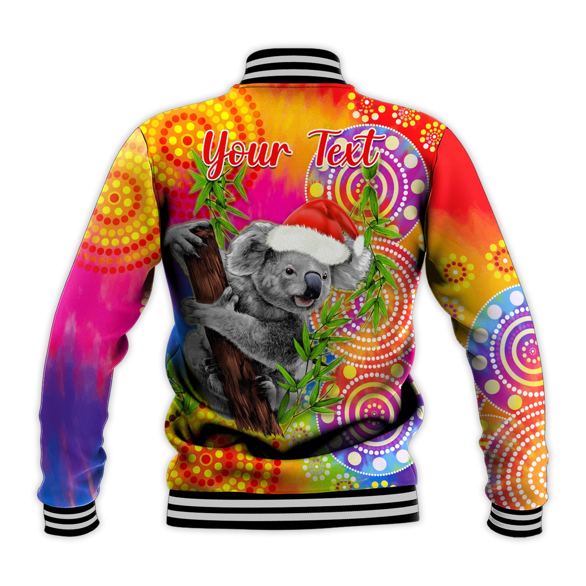 custom-personalised-australia-koala-aboriginal-baseball-jacket-rainbow-tie-dye-merry-christmas