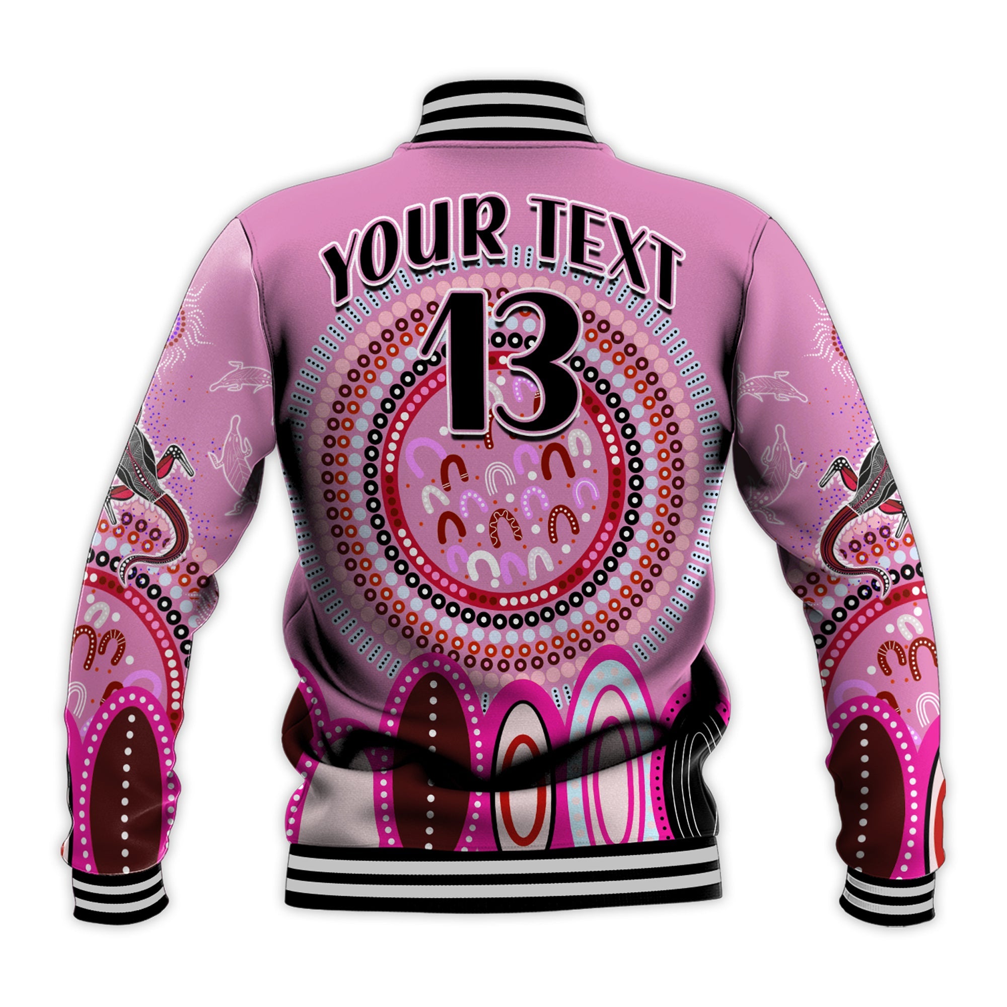 custom-text-and-number-aboriginal-stand-up-baseball-jacket-circle-dot-with-lizard-version-pink