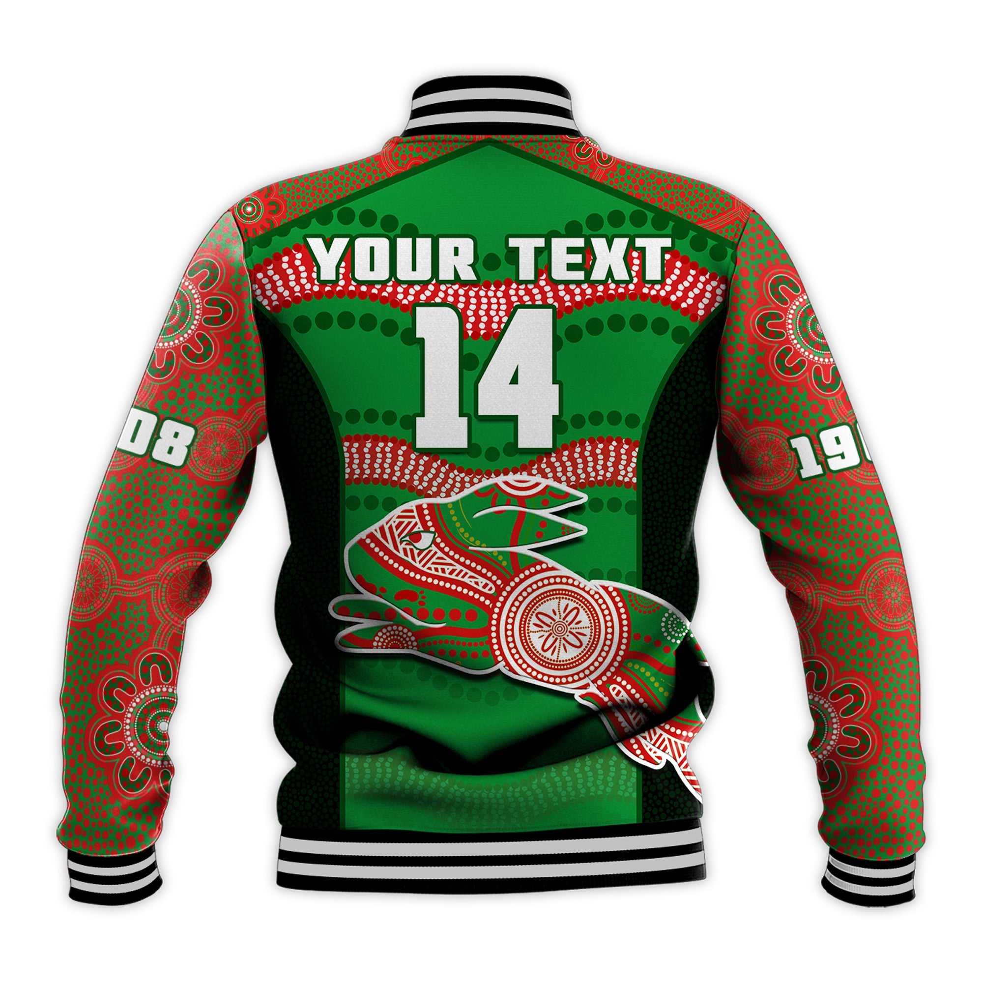 custom-text-and-number-rabbitohs-rugby-baseball-jacket-souths-1908-aboriginal-dot-painting-go-bunnies