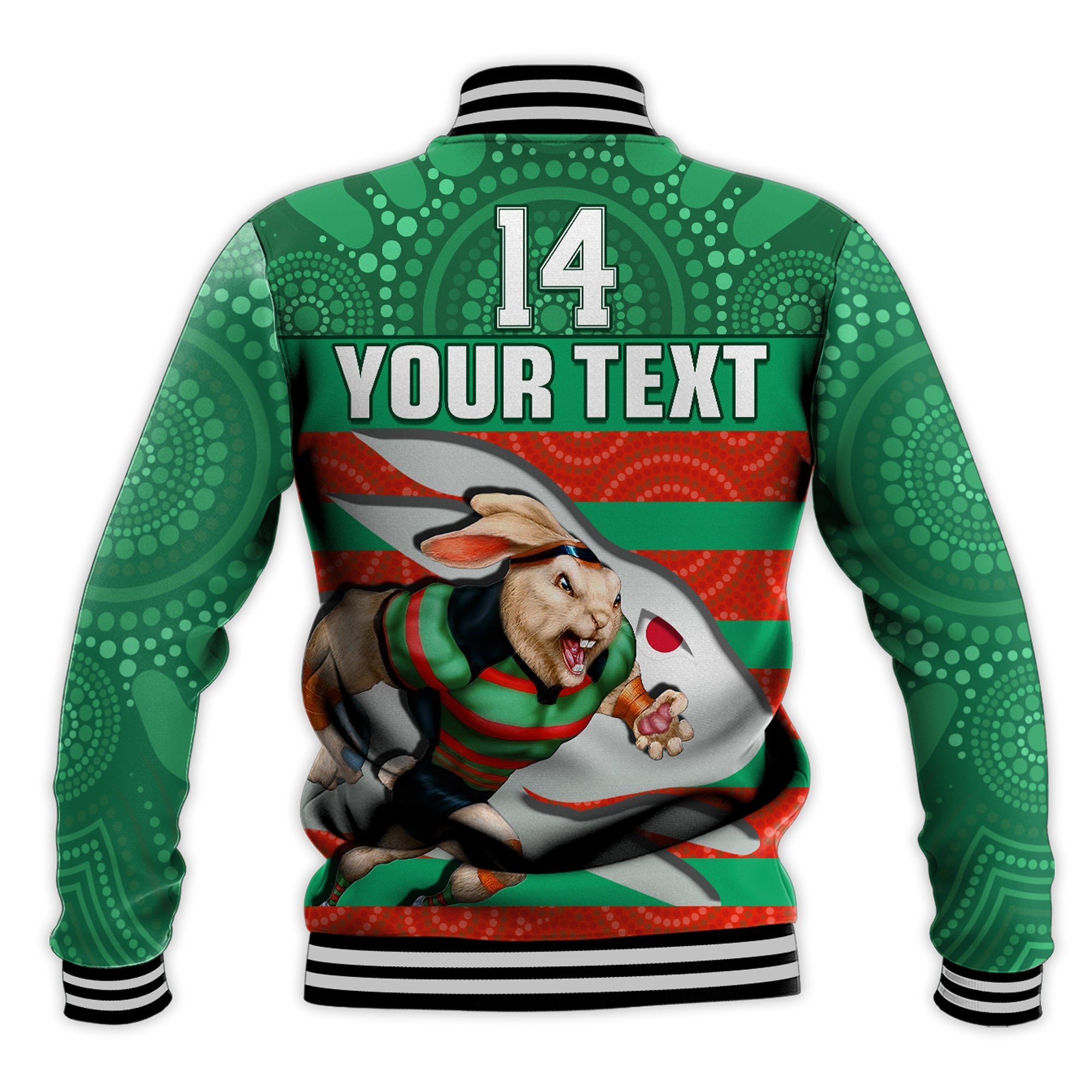 custom-text-and-number-rabbitohs-rugby-baseball-jacket-aboriginal-dot-painting-glory-glory-sporty-style