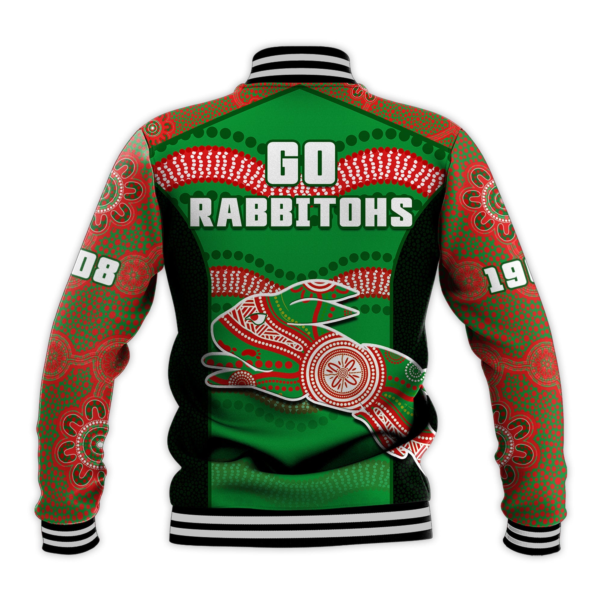 rabbitohs-rugby-baseball-jacket-souths-1908-aboriginal-dot-painting-go-bunnies